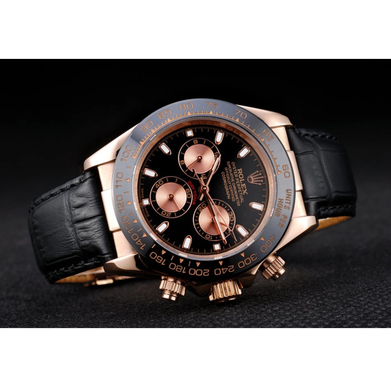 Aaa replica watch Rolex Black Black Case Gold Dial Daytona Leather Rose Strap 0608